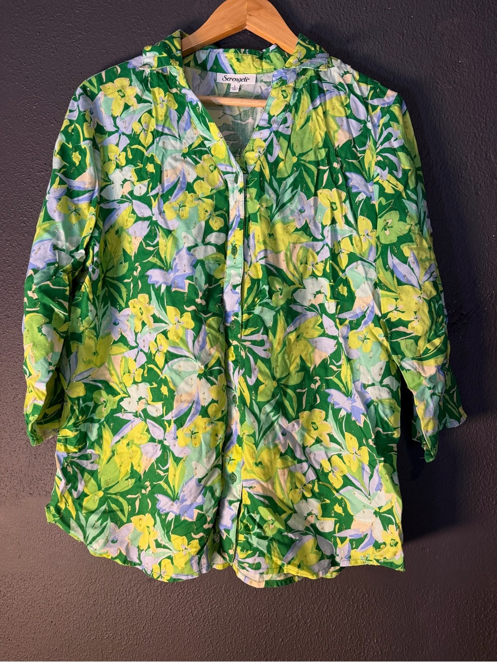 Serengeti Green Floral Button-Front Shirt with Yellow & Light Purple Flowers